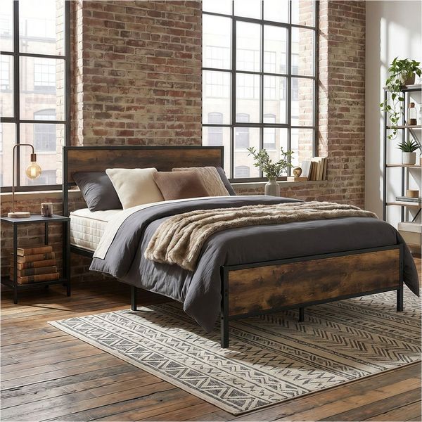 PFCTART Metallbett Bettgestell 140x200 Vintage, Stahl & MDF, Holzoptik für Betten (Set, 1-tlg, Industriedesign, wasser- & kratzfest, betten, bettrahmen & lattenroste), 360 kg Tragkraft, 90 cm Kopfteil, 27 cm Bodenfreiheit, schwarz