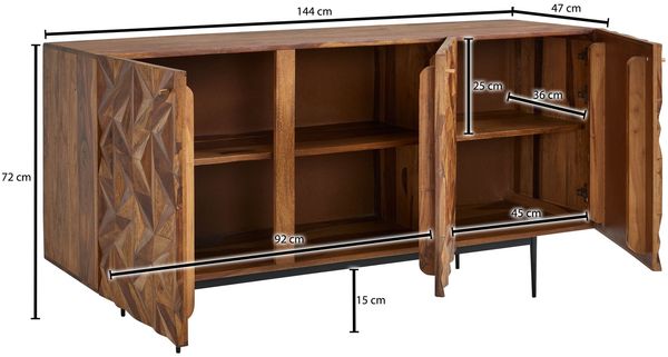 Sideboard 144x72x47cm Sheesham Massivholz Metall 3 Türen Modern Wohnzimmer Bild 8