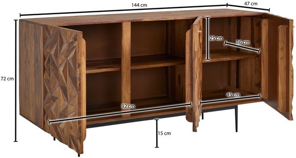 Sideboard 144x72x47cm Sheesham Massivholz Metall 3 Türen Modern Wohnzimmer Bild 7