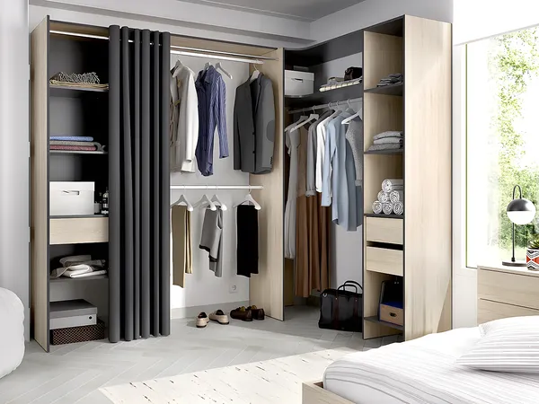 Vente-unique - GONTRAN Wardrobe and walk-in wardrobe Holz, Platte Grau - B 141 cm x H 205 cm x L 164 cm214 cm