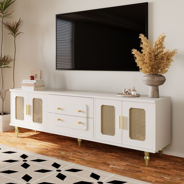 TV-Lowboard aus Spanplatte mit Rattan-Türen & Push-to-Open, 175x38x55,5 cm, Weiß
