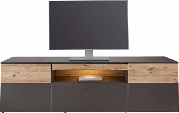 Lowboard COMO 210 cm Optik: Grau / Planked Eiche mit LED Beleuchtung