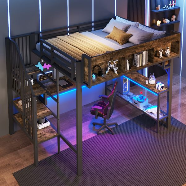 Novelux Hochbett 140x200 cm mit Eckschreibtisch, LED & USB-Steckdose – Metall & MDF Vintage Braun-Schwarz, stabiles Jugendbett mit Stauraum & Lochplatte