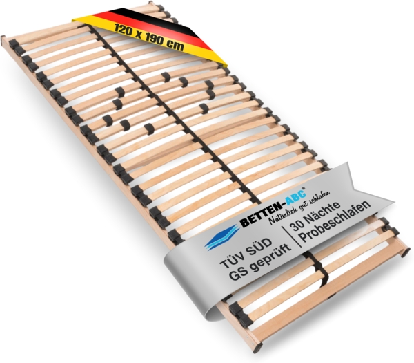 Max NV MZV – Lattenrost zur Selbstmontage mit 28 Leisten, durchgehender Holm, TÜV SÜD GS, Größe: 120x190