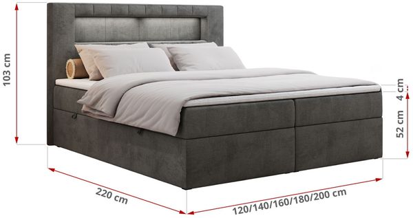 Boxspringbett - Polsterbett mit LED Kopfteil - GOLD-5 - 160x200cm - Dunkelgrau Velours - H3 Bild 5