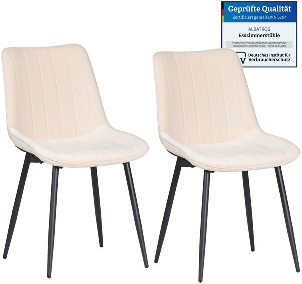 Albatros BOSA Samtstuhl Beige – 2er-Set Esszimmerstühle im modernen Retro-Design, gepolstert & ergonomisch, DEKRA-geprüft, pflegeleichter Bezug