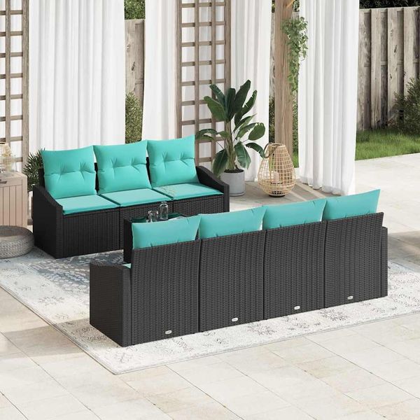 vidaXL Sofa Set mit Kissen 8 pcs Schwarz und Türkis Poly Rattan 3346636