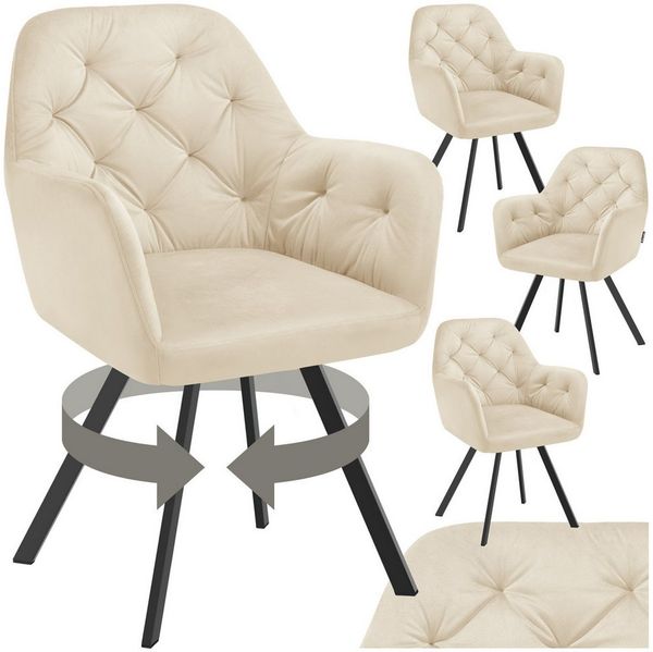 tectake Esszimmerstuhl Samt-Armlehnstuhl gepolstert, mit Steppmuster, 58 x 58 x 87 cm (Bürostuhl Lucia in creme, 4 St), 180° drehbar, Stahlbeine, bodenschonend, Belastbarkeit 120 kg
