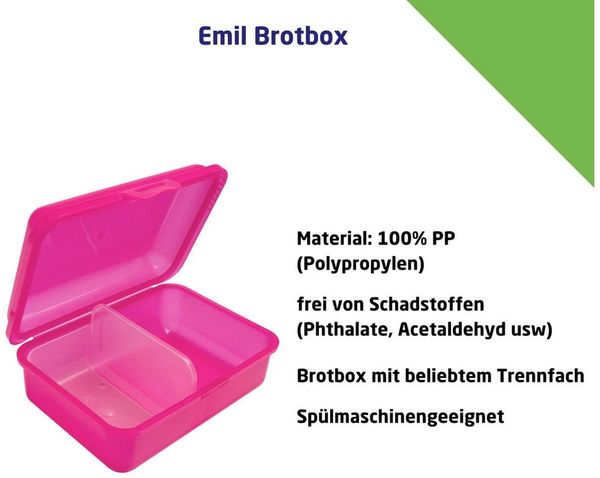 Emil Lunchbox Brotdose Kinder mit Trennfach für Kinder, 100% Polypropylen (PP), (2-tlg, 1x Brotbox, 1x Trennsteg), stabiler Klickverschluss, 100 % BPA frei, Made in Germany