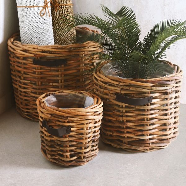 Dickes CL Rattan Pflanzkorb CESTINO natural ca.D50cm Ledergriffe Korb Handarbeit