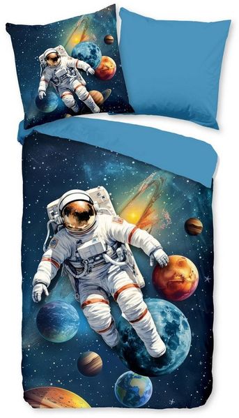 JACK Jugendbettwäsche 135x200cm Astronaut Weltenreiser Planeten, Microfaser, 2 teilig, im bunten Weltall-Design