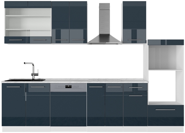 Küchenzeile Fame-Line Dunkelblau Hochglanz/Weiß 300 cm mit Hochschrank, AP Marmor Vicco