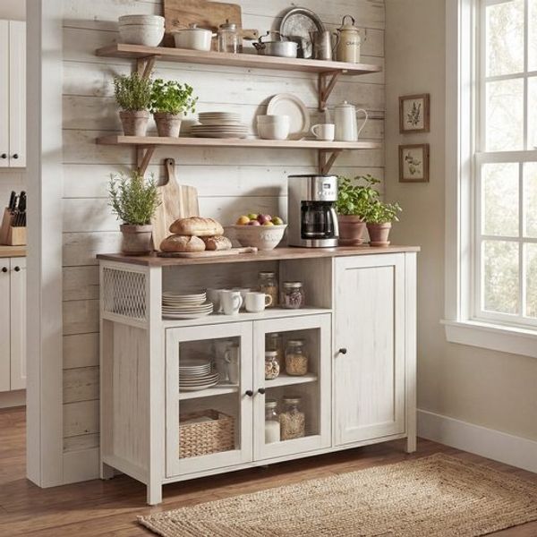 VASAGLE Küchenschrank, 33 x 110 x 75 cm, Aufbewahrungsschrank im Landhausstil, für Esszimmer oder Küche, braun-weiß