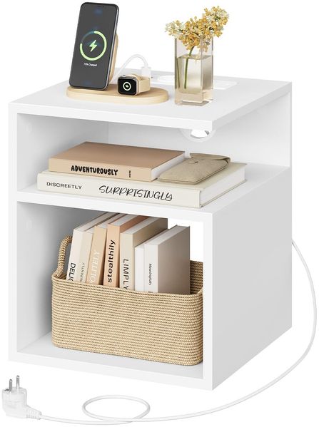 EUGAD Nachttisch, Nachtschrank Beistelltisch mit Ladefunktion, 2 AC-Steckdosen, 1 USB-Anschluss, 1 Type-C-Anschluss, Nachtkästchen für Schlafzimmer, Wohnzimmer, Weiß