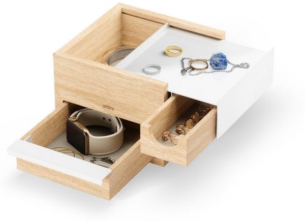 Umbra Mini Stowit Schmuckkasten, Schmuck Kasten, Schmuckfach, Aufbewahrung, Holz / Metall, Natur Weiß, 17 cm, 1005314-390