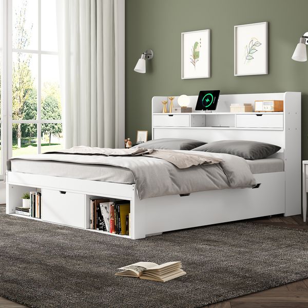 Kinderbett 140x190 cm mit USB & Typ-C, Kiefer/MDF, Lattenrost inkl, großer Stauraum, weiß