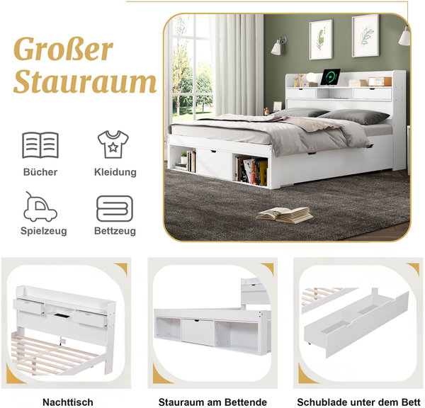 Kinderbett 140x190 cm mit USB & Typ-C, Kiefer/MDF, Lattenrost inkl, großer Stauraum, weiß Bild 10