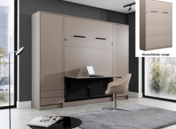 QMM TraumMöbel Schrankbett Wandbett GN 140x200 mit LED, Schreibtisch & 2 Schränken (Set, 3-St, Schrankbett vertikal 140x200 mit Schreibtisch & LED, 2 Schränke) integrierte Schreibtisch-Funktion, LED-Beleuchtung