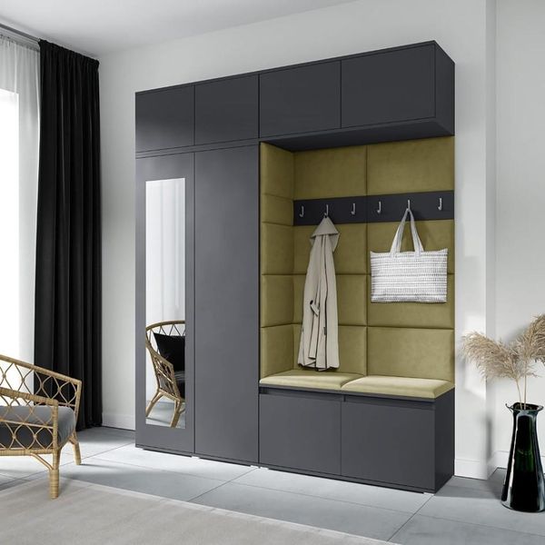Garderoben-Set NIKOLA Kleiderschrank mit Polsterplatten, Schuhschrank und Schrankaufsatz 90cm Ideal für Flur und Eingangsbereich (Graphit, Trinity 27), 225 x 40 x 90 cm