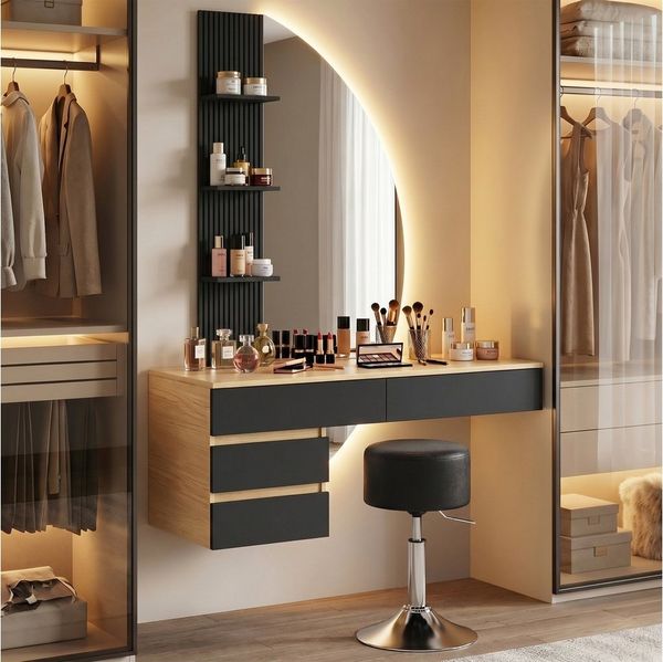 HOMALL Schminktisch Hängender Schminktisch mit drei einstellbaren Farbtemperaturen (LED-Silikon-Lichtleiste in drei Farben, Maße: 106 × 40 × 143 cm, mit 3 offenen Ablagefächern und 2 Schubladen, für vielfältige Einsatzmöglichkeiten geeignet)