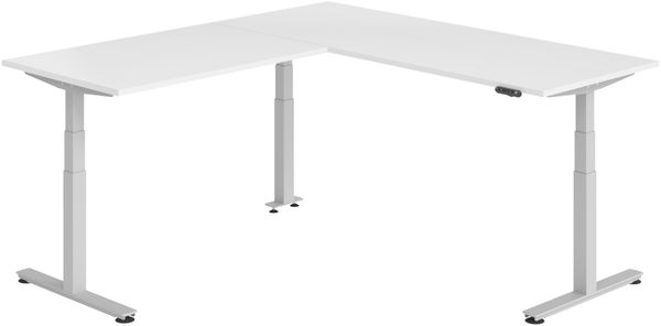 bümö Eckschreibtisch elektrisch höhenverstellbar L-Form: 200x220 cm in weiß, Gestell silber - Stehschreibtisch mit Memory-Steuerung, elektrischer XXL Schreibtisch für die Ecke, XDSMW-2014-W-S