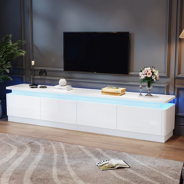 TV-Schrank 180 x 34 x 40 cm, Hochglanz Lowboard aus Spanplatte mit 4 Schubladen und LED, Weiß