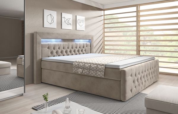 Ascona Boxspringbett mit LED-Beleuchtung, Blau-LED, 140x200 cm, Matratze H2, Beige
