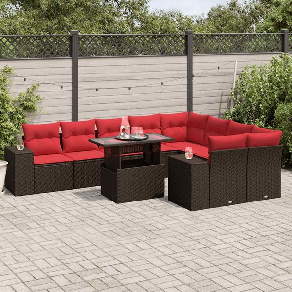 vidaXL 10-teiliges Gartensofa-Set mit Kissen, braun, Polyrattan 3269394