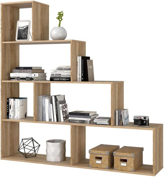 Habitdesign, Bücherregal – dekoratives Regal mit Hochglanz-Finish in kanadischer Eiche, ideal für Wohnzimmer, Büro oder Esszimmer, Maße: 145 x 145 x 29 cm (B x H x T), Modell Klum