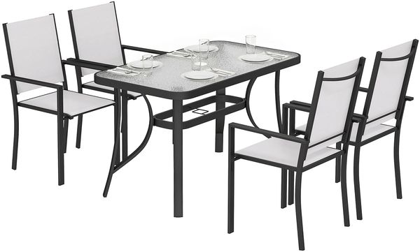 5-teiliges Garten-Set mit 4 stapelbaren Stühlen und Tisch aus gehärtetem Glas mit Schirmloch, Hellgrau