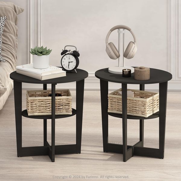 Furinno TIDUR Nachttisch-Set 2-teilig, 2-stufiger ovaler Nachttisch mit runder Tischplattenkante, Nachttisch am Bett mit offenem Regal, Endtisch, Beistelltisch, für Schlafzimmer, Wohnzimmer, Walnut
