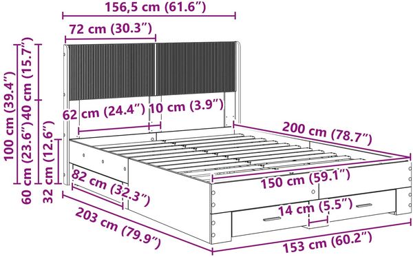 vidaXL Bettgestell mit Stauraum und Kopfteil Betongrau 150 x 200 cm 3414456 Bild 11