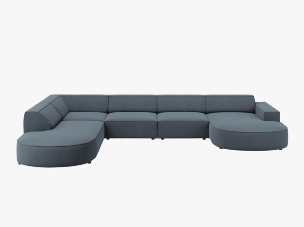 Micadoni Panorama-Ecksofa Jodie 7-Sitzer runde Recamiere Links Strukturierter Stoff Megan Blau