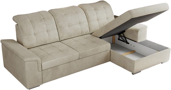 L-förmige Ecksofa mit gesteppter Sitzfläche und Rückenlehne, verstellbare Rückenkissen, Schlaffunktion und Bettkasten - MADRITO - Beige Velours - rechte Seite Bild 6