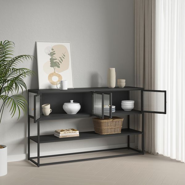 Sideboard Säkylä mit 4 Glastüren 150x38x90 cm Stahl Schwarz [en. casa]