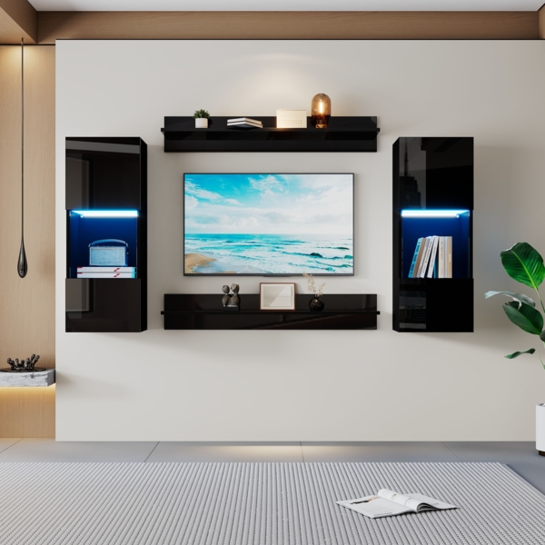Merax Wandregal 4er Set, LED-Wandschrank und 2 Regale – Smarte APP-gesteuerte Beleuchtung, Hochglanzoberfläche und Türen aus gehärtetem Glas, für Wohnzimmer, TV-kompatibel, TV-Schrank-Set, Schwarz