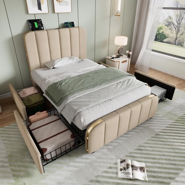 Merax Polsterbett Einzelbett 90x200cm mit USB/Typ-C Ladefunktion und 4 Schubladen, Beige