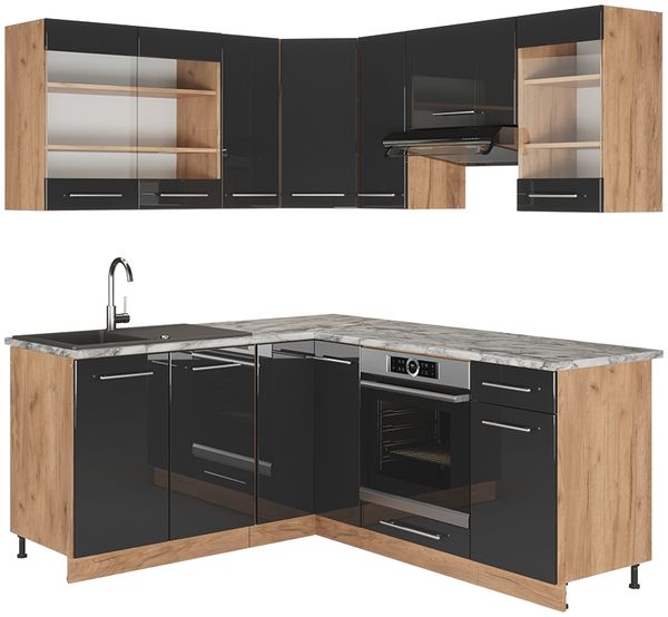 Eckküche Fame-Line Anthrazit Hochglanz/Goldkraft Eiche 190 x 160 cm ohne Arbeitsplatte Vicco