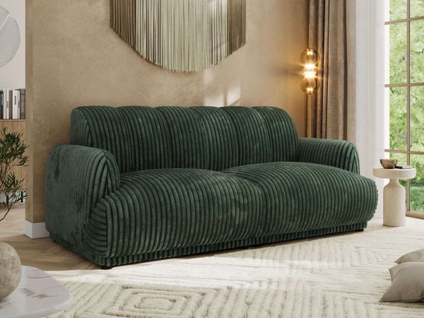 Modernes 3-Sitzer Design Sofa GERRA, feststehende Couch mit ergonomischer HR-Schaum Rückenlehne, hochwertige Wellenfederung, stabiler Massivholzrahmen, Luxus-Optik - Grün Cord
