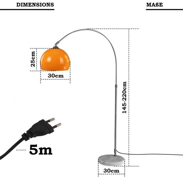 Jago® Bogenleuchte - Höhenverstellbar, 145-220 cm, 1 x E27, max. 60W / LED, Orange, für Wohnzimmer, Lounge, Bar - Bogenlampe, Stehlampe, Stehleuchte, Standleuchte, Bogenstandleuchte