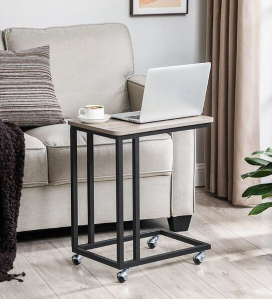 Vasagle Beistelltisch mit Rollen, Industrie-Design, Holzspanplatte/Stahl, Greige / Schwarz, 50 x 35 x 60 cm