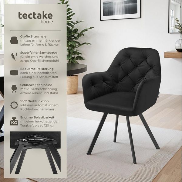 tectake Esszimmerstuhl Samt-Armlehnstuhl gepolstert, mit Steppmuster, 58 x 58 x 87 cm (Bürostuhl Lucia in schwarz, 6 St), 180° drehbar, Stahlbeine, bodenschonend, Belastbarkeit 120 kg