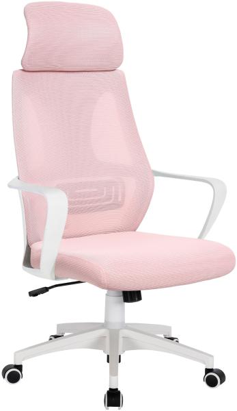 Bürostuhl mit Lordosenstütze im Netzstoff-Design Schreibtischstuhl mit Wippfunktion ergonomischer Drehstuhl mit einer verstellbaren atmungsaktiven Rückenlehne Weiß/Rosa