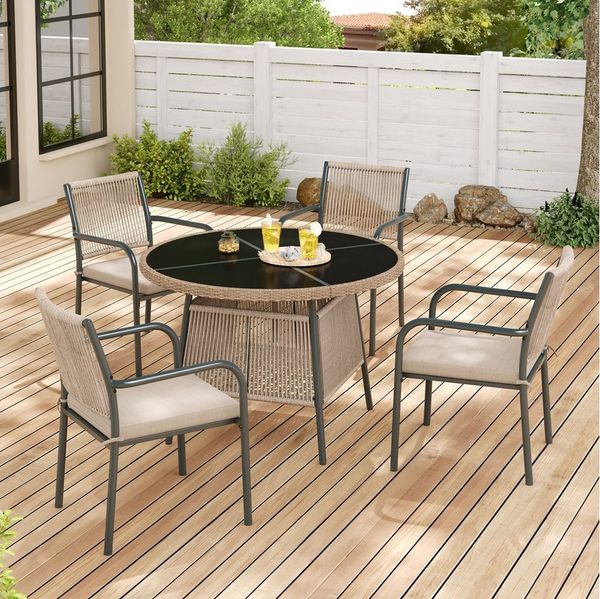 Flieks Garten-Essgruppe, 4-Sitzer Sitzgruppe Gartenmöbel-Set Runder Glastisch + 4 Stühle