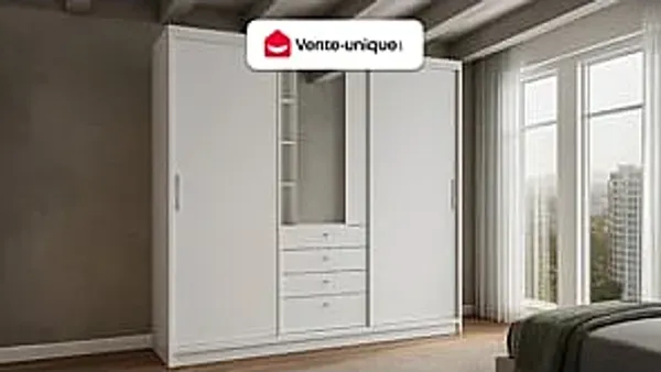Vente-unique - Kleiderschrank mit 2 Schiebetüren & Schubladen + Spiegel - B. 240 cm - Weiß - BODIL
