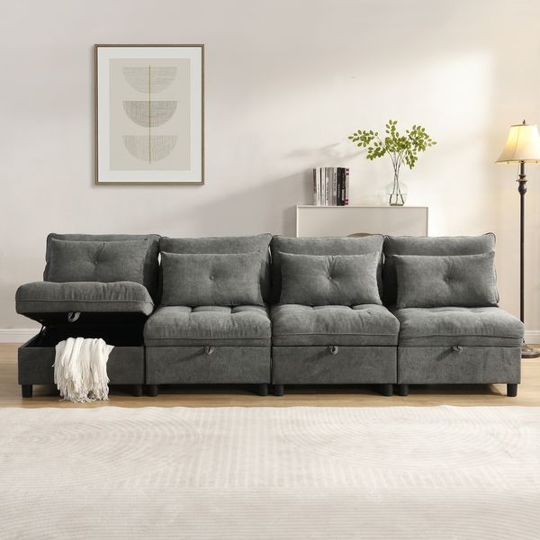 Modulares 4-Sitzer Sofa mit Schlaffunktion und Stauraum, Chenille in Antique Gray