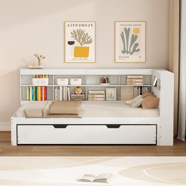 Kinderbett 90x200 cm mit Ausziehbett 90x190, Massivholz, USB-Anschluss & viel Stauraum, weiß