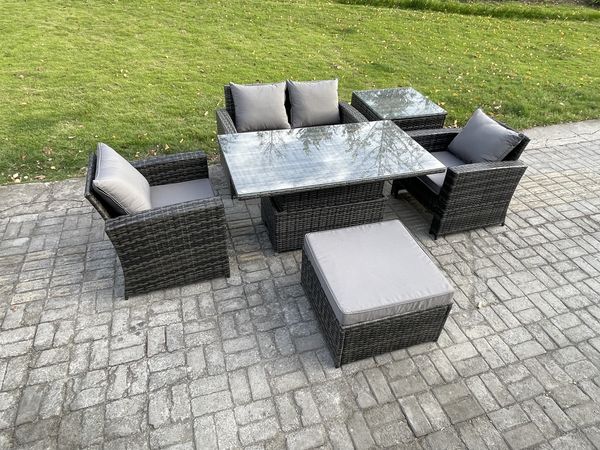 Fimous Polyrattan Gartenmöbel Set Essgruppe Lounge Einstellbare Höhe Esstisch mit Großer Fußhocker Beistelltische Dunkelgrau Gemischt