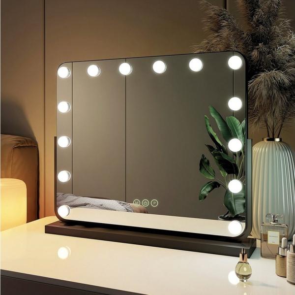 EMKE Kosmetikspiegel Hollywood Spiegel mit Beleuchtung 360 ° Drehbar Tischspiegel 3 Farbe Licht,14 Dimmbaren LED-Leuchtmitteln,Speicherfunktion,7 x Vergrößerungsspiegel,Schwarz,60 x 52 cm