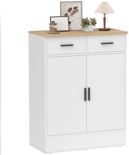 Sideboard weiß mit Holzoptik, 2 Schubladen & Schrank, verstellbares Regal, Anti-Kipp,68x35cm,vielseitig für Wohnzimmer Flur Bild 7